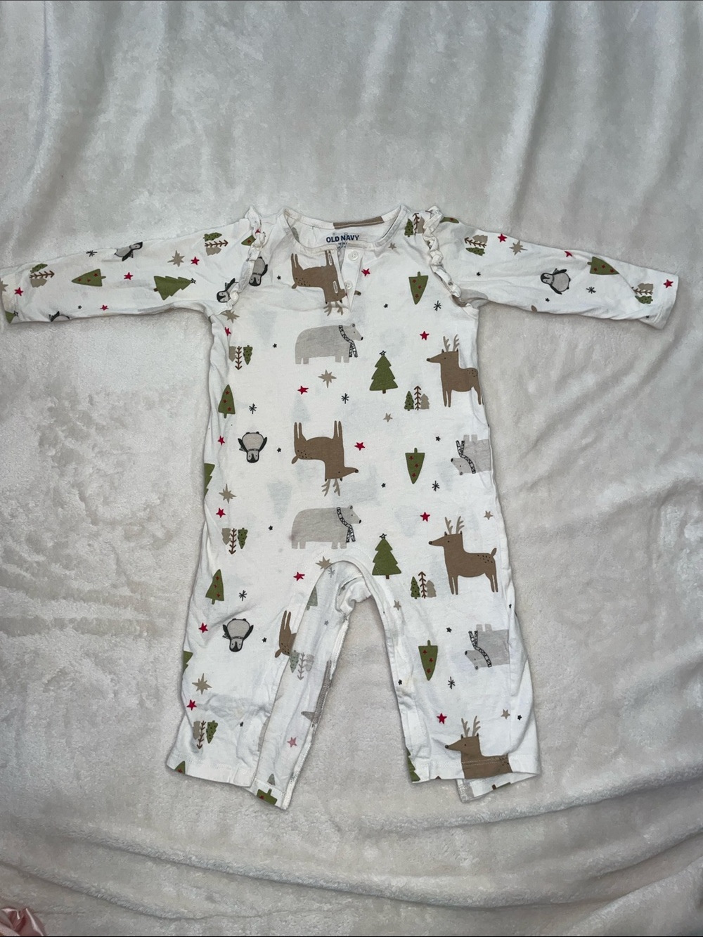 Old Navy White One-Piece with Brown & Green Forest Animal Print